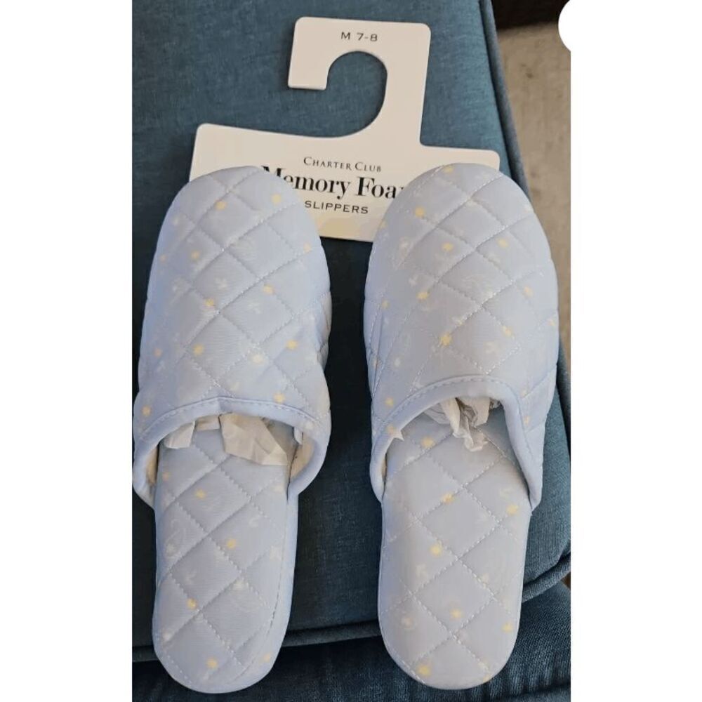 Charter Club NWT size 11-12 slippers quilted memory foam, blue house shoes - Picture 4 of 5